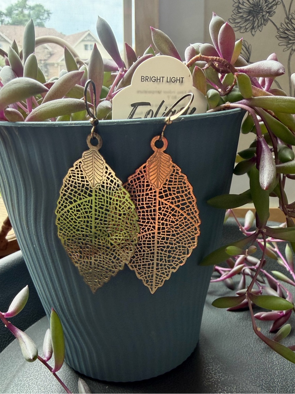 Filigree Leaf Earrings - Gold and Copper